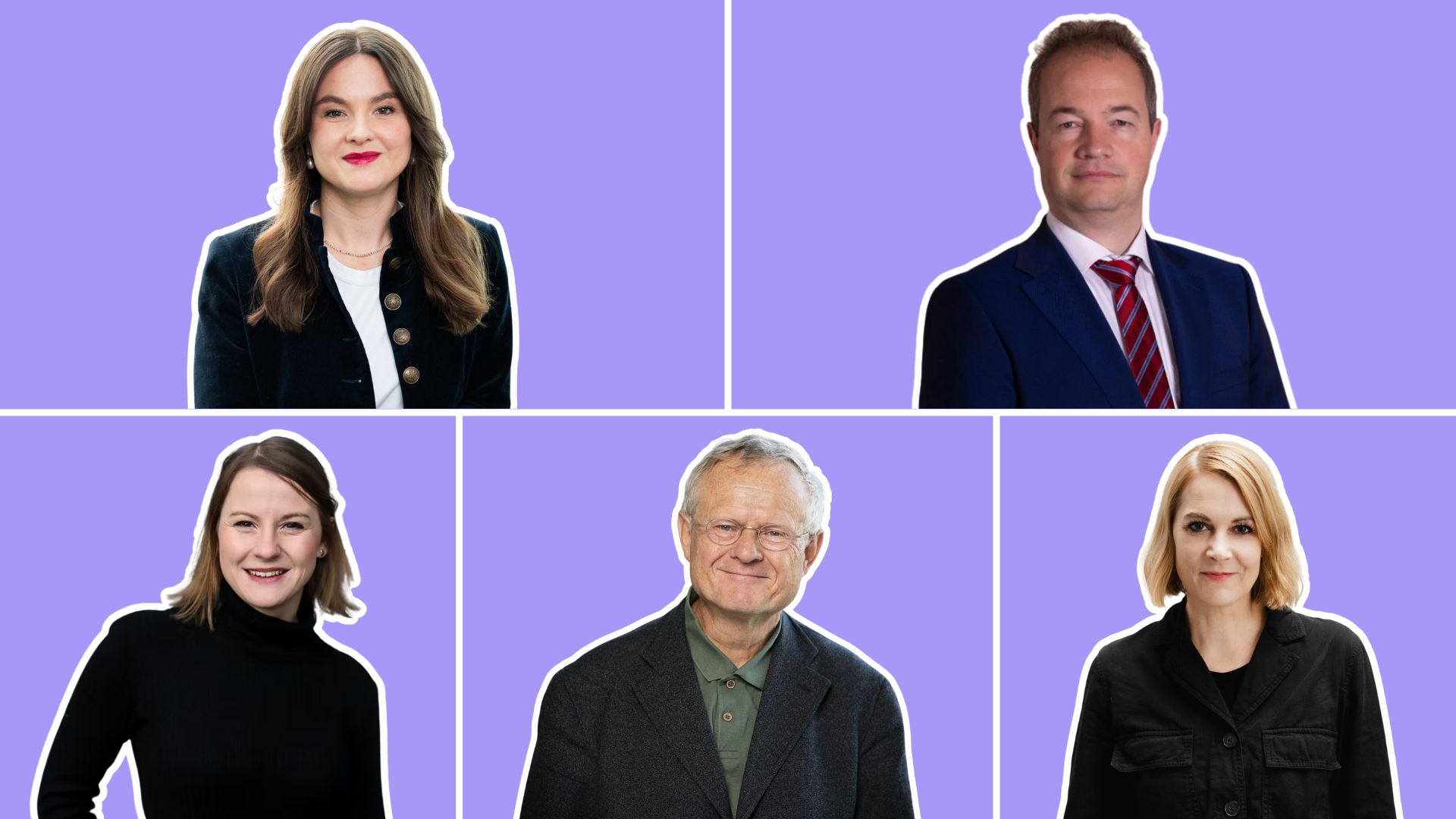 F&uuml;nf Personen mit unkenntlich gemachten Gesichtern vor einfarbig violettem Hintergrund, zwei oben, drei unten, alle in formeller Kleidung